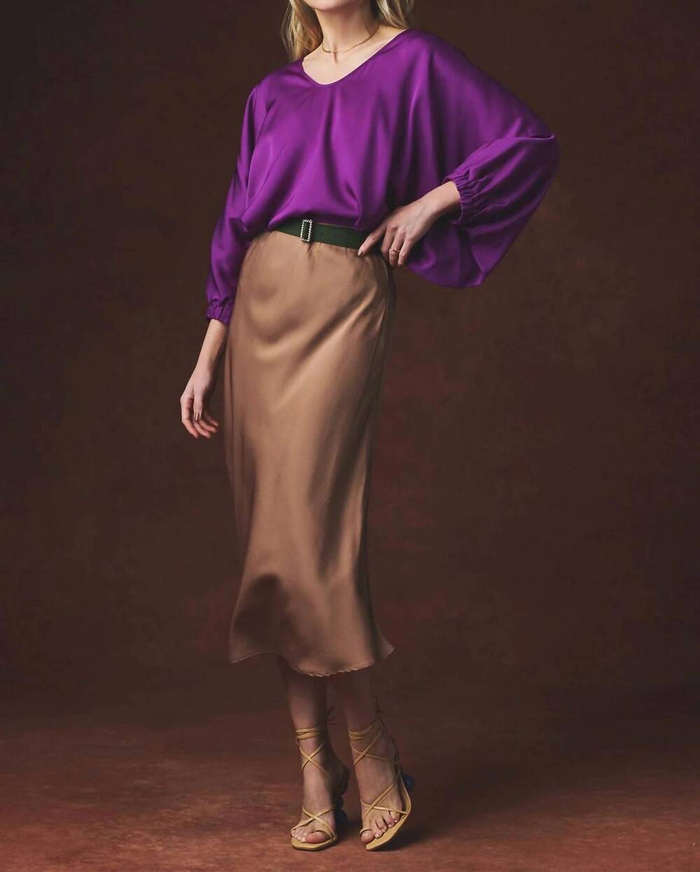 NEW NOUVELLE / SILK95FIVE chamonix midi skirt in khaki mauve